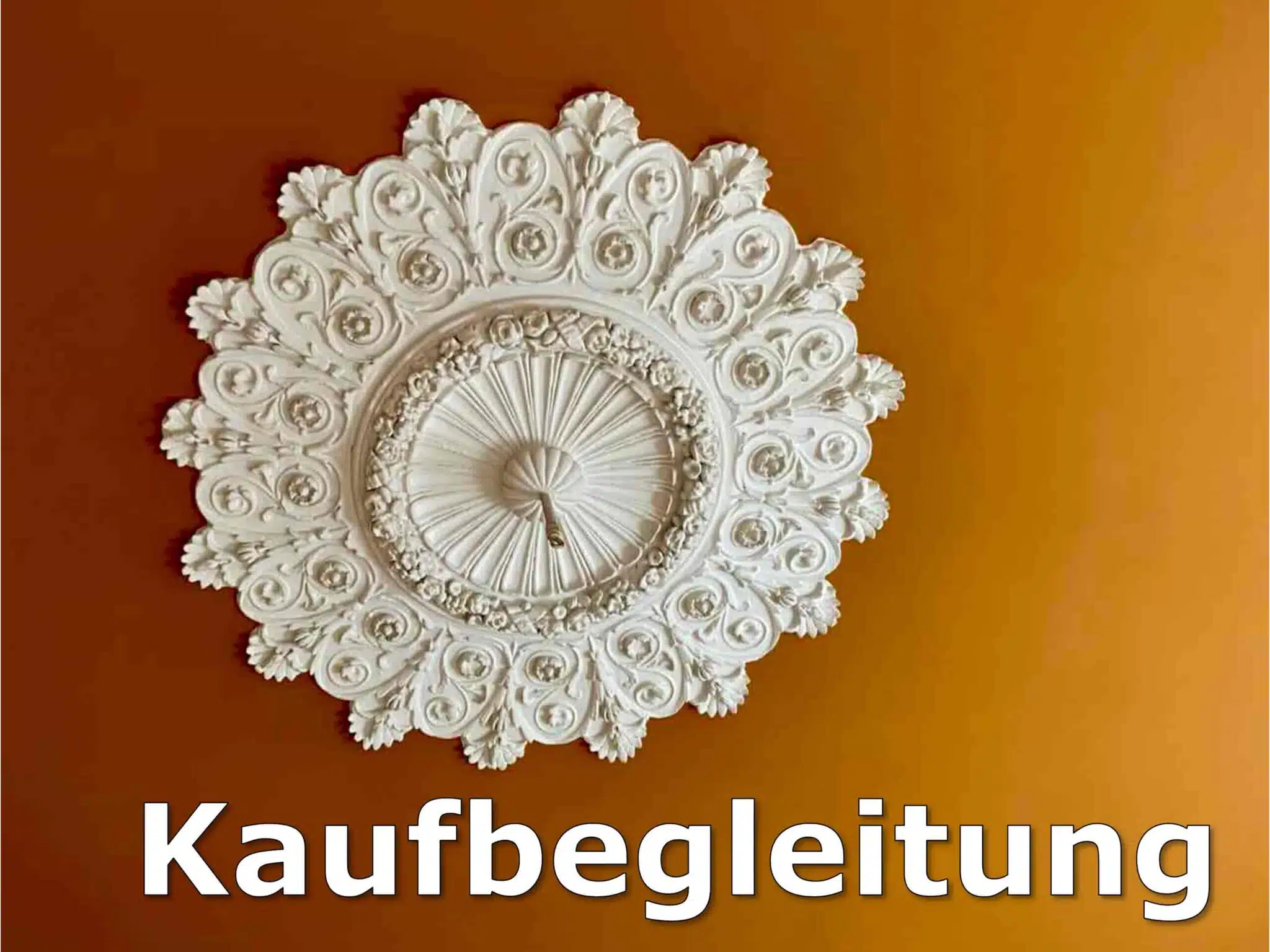 Stuckrosette (auch Deckenrosette genannt) um Lichtauslass in einem Altbau und der Beschriftung im Bild 'Kaufbegleitung'