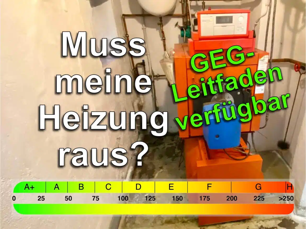 Eine alte Heizung im Hintergrund, mit der provokanten Frage "Muss meine Heizung raus?" als Text im Vordergrund, mit Hinweis auf einen verfügbaren Leitfaden zum GEG