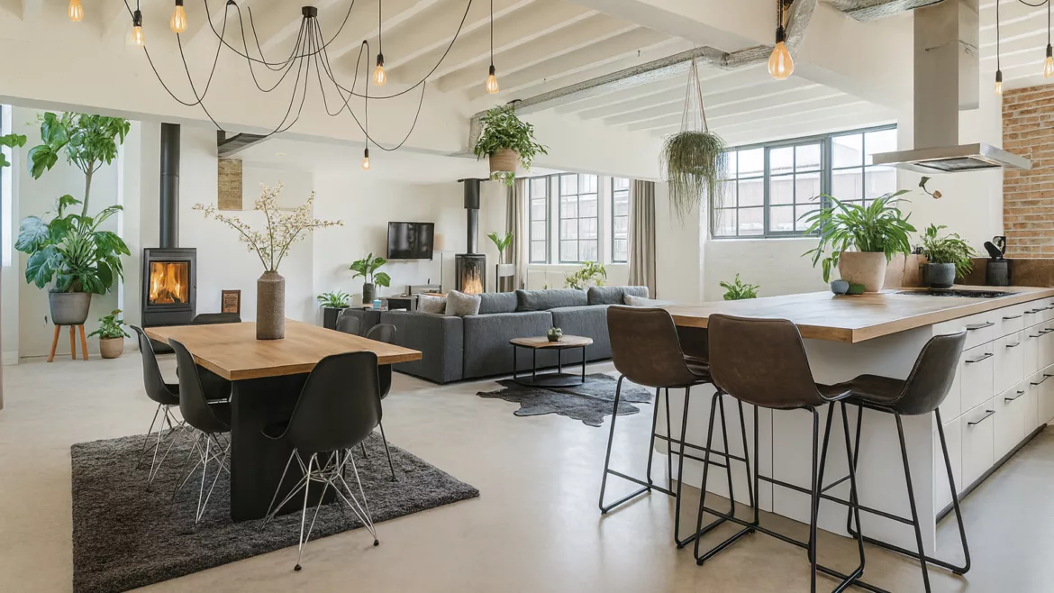 Großzügiges Wohnzimmer im Loft-Stil, mit offenem Essbereich, Küche und Kaminofen (Bild mit KI generiert)