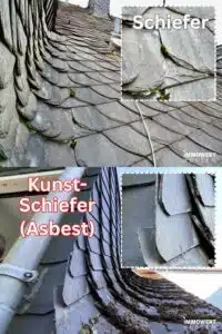 Wie unterscheide ich Kunstschiefer von echtem Schiefer? Das zeigt das Bild in einem Vergleich zwischen einem Eternit-Dach (asbesthaltiger Kunstschiefer) und einem Dach das mit echtem Schiefer bedeckt ist.